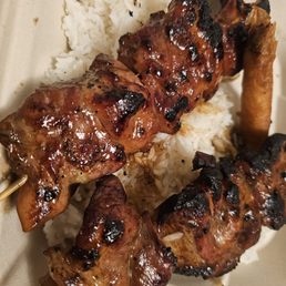 Chicken and pork with lumpia and rice