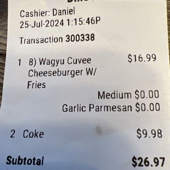 Cedars corner bar and kitchen - Receipt showing $10 for 2 Cokes! - Burgers Near Me - Fairfield, California