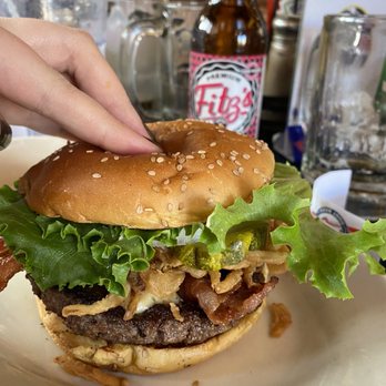 Fitz's - Bourbon Burger with fried onion straws - New American Near Me - Saint Louis, Missouri Fitz's - Bourbon Burger with fried onion straws - New American Near Me - Saint Louis, Missouri