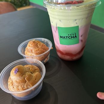 True Matcha - Strawberry matcha with oat milk and ube and vanilla bean cream puffs - Coffee & Tea Near Me - Las Vegas, Nevada True Matcha - Strawberry matcha with oat milk and ube and vanilla bean cream puffs - Coffee & Tea Near Me - Las Vegas, Nevada