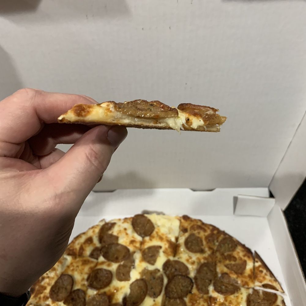 Frankie's Pizza - Hot sausage on traditional thin sweet crust with white garlic sauce instead of a red sauce. - Pizza Near Me - Gahanna, Ohio Frankie's Pizza - Hot sausage on traditional thin sweet crust with white garlic sauce instead of a red sauce. - Pizza Near Me - Gahanna, Ohio
