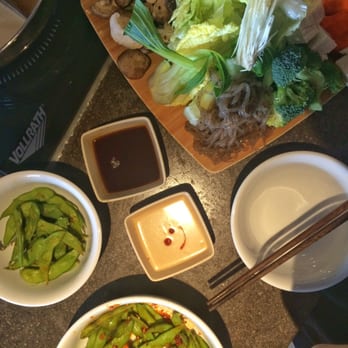 Tabu Shabu - Costa Mesa - Left to right: Spicy Crunchy Garlic Edamame, Vegetarian Shabu - Japanese Near Me - Costa Mesa, California