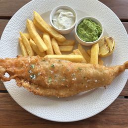 Beer battered Atlantic Haddock and triple cooked chips. Beer battered Atlantic Haddock and triple cooked chips.