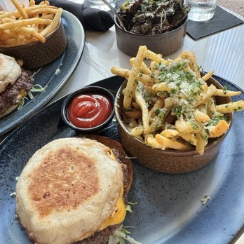 TRIS - Burger with truffle fries, Brussels sprouts - New American Near Me - The Woodlands, Texas TRIS - Burger with truffle fries, Brussels sprouts - New American Near Me - The Woodlands, Texas