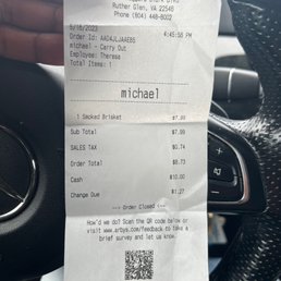 Receipt. $8.73 for the smoked brisket sandwich. Receipt. $8.73 for the smoked brisket sandwich.