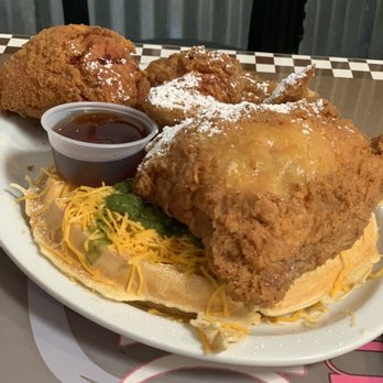 Sax's Joint - Chicken and waffles, subbed standard waffle for spicy bacon and cheese waffle ($20) Sept21 - Breakfast & Brunch Near Me - Petaluma, California