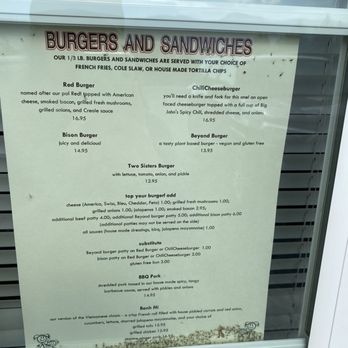 Two Sisters Cafe - Burger Menu as of July 2021. - American Near Me - Babb, Montana