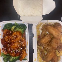 Peking Kitchen - Sesame Shrimp w/ white rice and Chicken Wings w/ house special fried rice