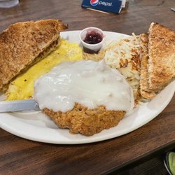Jerry's Hilltop Service - Chicken Fried Steak, Scrambled Eggs, Hashbrowns and homemade Wheat Toast