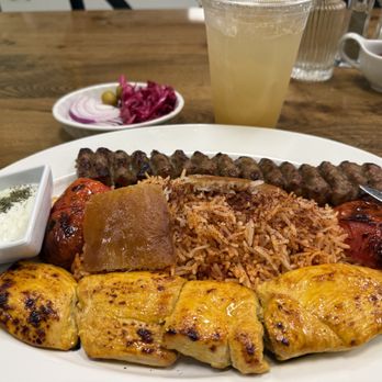 Cafe Ferdosi - Vaziri combo, which came with koobideh (beef + lamb) and joojeh (chicken on a skewer) and tomato rice. - Persian/Iranian Near Me - Durham, North Carolina