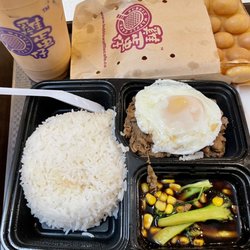 Bubble Waffle - Beef & sunny side egg w/ rice $12.50 incl iced milk tea, + bubble waffle side order $1.50