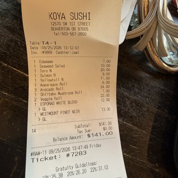 Koya Sushi - Receipt - pricey but good - Japanese Near Me - Beaverton, Oregon Koya Sushi - Receipt - pricey but good - Japanese Near Me - Beaverton, Oregon
