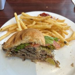 Mushroom Swiss burger & fries