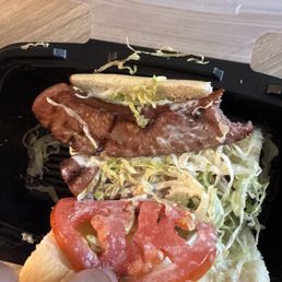 Hot sausage Poboy that's made with links that are not even spicy Hot sausage Poboy that's made with links that are not even spicy
