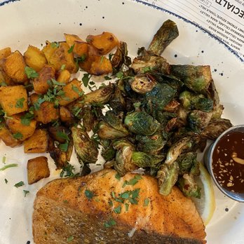 Lure Fish House - Best salmon of my life, from the Faroe Islands. Organic butternut squash and crispy Brussels for the win! - Seafood Near Me - Porter Ranch, California