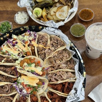 Taqueria 2 Potrillos - taco tray: carnitas, al pastor, carne asada, birria, fish - Mexican Near Me - Moreno Valley, California Taqueria 2 Potrillos - taco tray: carnitas, al pastor, carne asada, birria, fish - Mexican Near Me - Moreno Valley, California