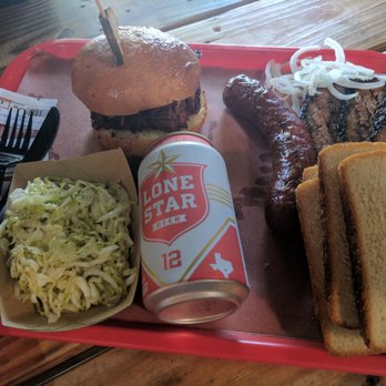 Cattleack Barbeque - Free beer? sure! cole slaw, pulled pork sandwich, quarter lb brisket, and quarter lb spicy sausage and bread - Barbeque Near Me - Dallas, Texas Cattleack Barbeque - Free beer? sure! cole slaw, pulled pork sandwich, quarter lb brisket, and quarter lb spicy sausage and bread - Barbeque Near Me - Dallas, Texas