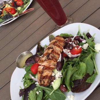 Mustard Seed Cafe - Pictured here is the salmon and greens with the berry antioxidant smoothie- both of which were delicious! - Cafes Near Me - Akron, Ohio