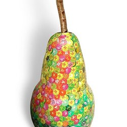 Ethos Arts - Pear by Dakota Pratt wood, vintage bottle caps, resin.