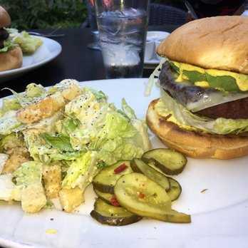The Red Grape - Housemade quinoa veggie burger with Caesar salad - Pizza Near Me - Sonoma, California The Red Grape - Housemade quinoa veggie burger with Caesar salad - Pizza Near Me - Sonoma, California