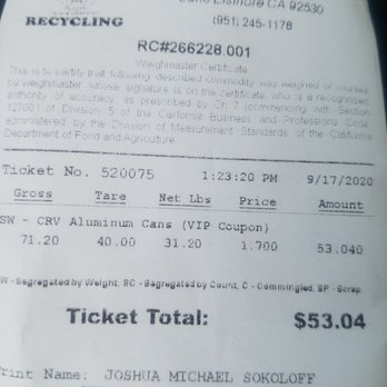 Cans Plus Recycling - Receipt - Recycling Center Near Me - Lake Elsinore, California