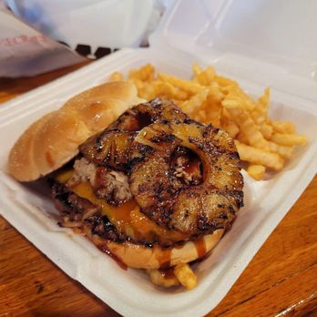Woody's Bar-B-Q - A luscious, beautifully done, Medium Rare Hawaiian Burger with a side of Fries! Yummy! - Barbeque Near Me - Holly Hill, Florida