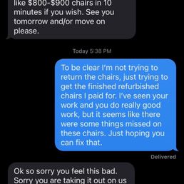 Inappropriate communication from owner about the chairs in question. Inappropriate communication from owner about the chairs in question.