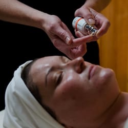Complexions - Finishing a facial with the application of Environ's AVST eye gel. It's rich in antioxidants, peptides and contains vitamin A.