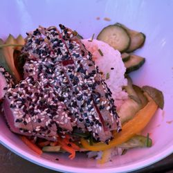 Rockies - Poke bowl. Pink lighting is from the red umbrella above ;). I enjoyed this!