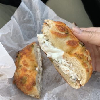 BoulTawns's Bakery & Cafe - Green chili bagel with green chili cream cheese - Bakeries Near Me - Santa Fe, New Mexico