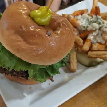 Hops Burger Bar - Mystery wife burger, with buffalo Bleu cheese fries - Burgers Near Me - Greensboro, North Carolina Hops Burger Bar - Mystery wife burger, with buffalo Bleu cheese fries - Burgers Near Me - Greensboro, North Carolina