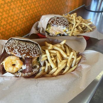 Burger District LA - surf n turf (bottom) and Aoli chicken sandwich (top) - Burgers Near Me - Los Angeles, California