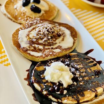 Hatch - Flight of pancakes- Chocolate Chip Pancakes, Lemon Ricotta Pancakes Cinnamon Roll Pancakes. Best one was Cinnamon Roll One - Breakfast & Brunch Near Me - Huntington, New York
