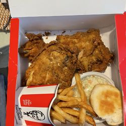 KFC - 3 piece breast and wing meal with fries and coleslaw. Biscuit and medium drink were included.
