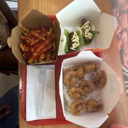 French Fries, Pork Belly Bao, Fried Shrimp Basket
