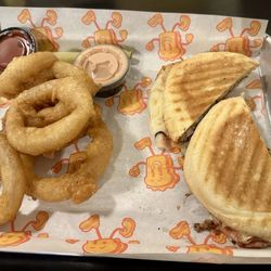 The Twin Falls Sandwich Company - Cuban with extra cheese and a side of onion ring