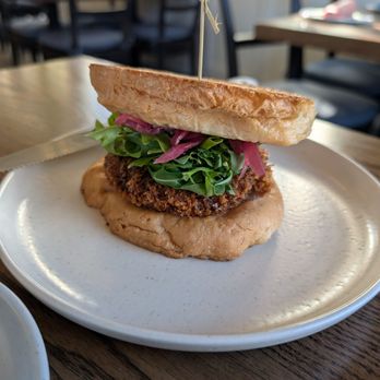 Blossom and Root Kitchen - "Crab cake" sandwich on gluten free bread - Vegan Near Me - Danville, California Blossom and Root Kitchen - "Crab cake" sandwich on gluten free bread - Vegan Near Me - Danville, California