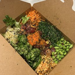 Salmon & tuna Small Poke Bowl over a base of half brown rice & half salad Salmon & tuna Small Poke Bowl over a base of half brown rice & half salad