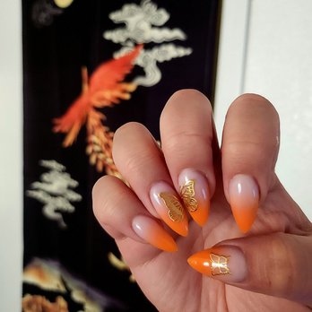 Stone Nails - Orange/nude pink ombre stilleto with gold butterflies #NAILSbyRICKY - Nail Salons Near Me - Sacramento, California Stone Nails - Orange/nude pink ombre stilleto with gold butterflies #NAILSbyRICKY - Nail Salons Near Me - Sacramento, California