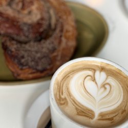 Dot Cafe - latte and cinnamon roll