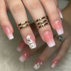 Salon De Nails And Spa - GelX Nails, ombre gel paint, with floral nail art on 2 nails