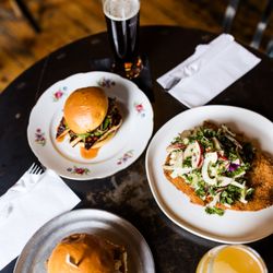 Smash Burger, Fish Sandwich and Schnitzel Salad