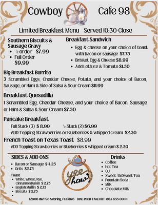 Menu photo 3 Cowboy Cafe 98 Sebring, FL