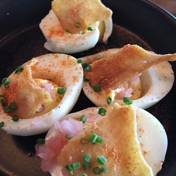 Hundred Proof - Deviled Eggs with crispy chicken skin. $9 - San Diego, CA
