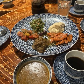 Casablanca - Soup, Moroccan spice coffee On the plate there is hummus,carrots, eggplants, and cucumbers - Moroccan Near Me - Kailua, Hawaii