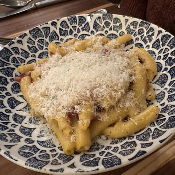 Pepp & Dolores - Gricia Pasta - torchietti pasta, jowl bacon, ricotta whey, black pepper, pecorino pepato - Italian Near Me - Cincinnati, Ohio Pepp & Dolores - Gricia Pasta - torchietti pasta, jowl bacon, ricotta whey, black pepper, pecorino pepato - Italian Near Me - Cincinnati, Ohio