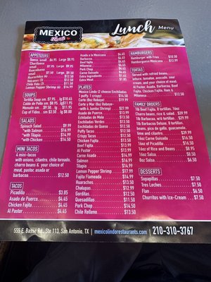 Menu photo 5 Mexico Lindo Restaurants San Antonio, TX