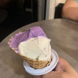 Ube/Cheesecake scoops in waffle cone