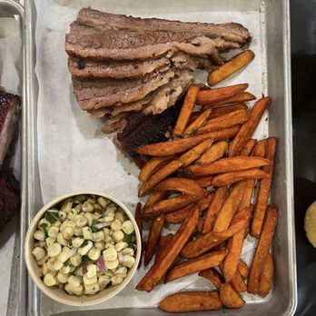 Armadillo Willy's BBQ - Texas Prime Brisket - BBQ Plate - A la Carte, Sweet Potato Fries, Texas Corn Salad - Barbeque Near Me - San Mateo, California