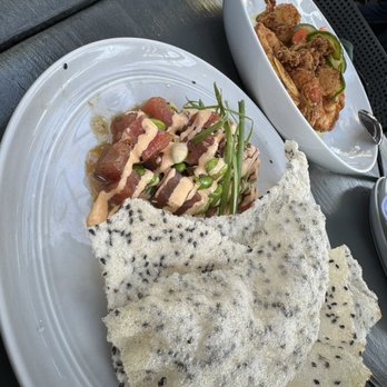 Benchmark - AHI TUNA, edamame, sesame, tamari, sriracha aioli, scallion, rice cracker - New American Near Me - Santa Ana, California
